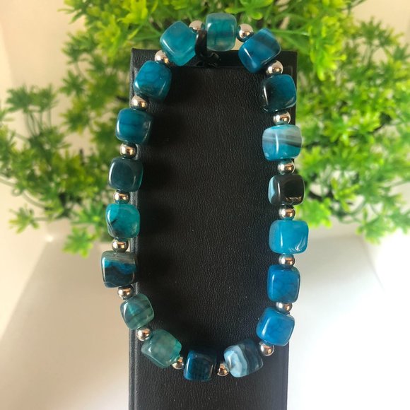 Blue Agate Bracelet Cube Beads Stretchable Bracelet - Picture 1 of 6